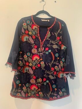 Embroidered Navy Floral Tunic Top - Women's